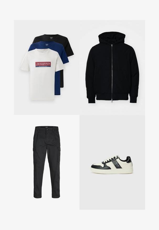 Sort hættejakke med frontlynlås, kængurulomme, ribbede manchetter og kant, præsenteret på en ensfarvet hvid baggrund.; Tre stablede kortærmede t-shirts med runde halsudskæringer i hvid med rød og blå logo, navy blå og sort, præsenteret på hvid baggrund.; Sorte cargo-bukser lavet af slidstærkt stof, der har flere lommer, en knaplukning og et slim fit design med smalle ben.; Lædersneakers i sort og creme farveskema, med perforerede detaljer, en polstret krave og en struktureret ydersål.