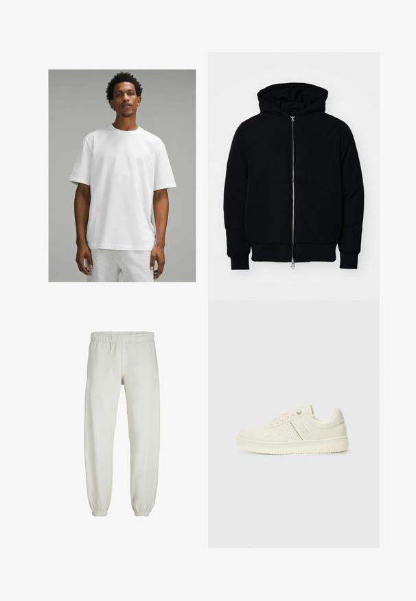 Črna kapuca jakna s sprednjim zadrgo, kenguru žepom, rebrastimi manšetami in hemom, razstavljena na enostavni beli ozadju.; Bela bombažna majica s kratkimi rokavi, okrogel izrez, sproščen kroj. Gladka tekstura, enostaven dizajn, brez vidnih vzorcev ali dodatkov.; Bele trenerke narejene iz mehkega blaga, z elastičnim pasom in manšetami, gladke teksture in ohlapnega kroja.; Sneaker v kremni barvi s perforiranim detajlom, vezalkami in logotipom na strani, prikazan na enostavni beli ozadju.