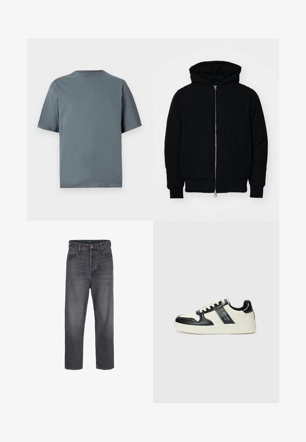 Giacca nera con cappuccio, dotata di zip frontale, tasca a marsupio, polsini e orlo a coste, esposta su uno sfondo bianco semplice.; T-shirt in cotone grigio con maniche corte, scollo rotondo e vestibilità rilassata. Texture liscia, design minimalista e senza motivi o accessori visibili.; Jeans in denim grigio scuro con design a gamba dritta, vita alta, cinque tasche e leggera sbiaditura. Chiusura con bottone in metallo e zip sul davanti.; Sneakers in pelle con una combinazione di colori nero e crema, dotati di dettagli perforati, collare imbottito e suola testurizzata.