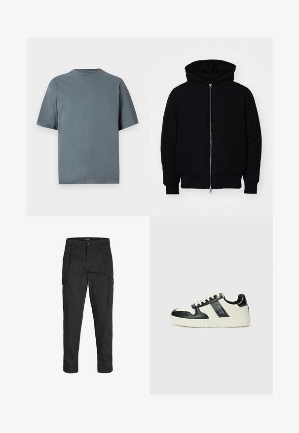 Svart huoodiejacka med framdragkedja, känguruficka, ribbade ärmslut och nederkant, uppställd mot en vit bakgrund.; Kortärmad t-shirt i skiffergrå färg, tillverkad av slät bomullstyg, med rund halsringning och en avslappnad passform.; Svarta cargobyxor tillverkade av hållbart tyg, med flera fickor, knappstängning och en smal passform med avsmalnande ben.; Läder sneakers med en svart och krämfärgad färgsättning, med perforerade detaljer, en vadderad krage och en strukturerad yttersula.