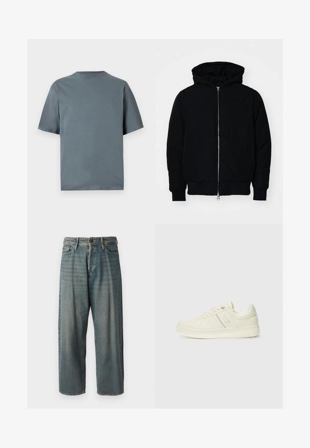 Mustaga kapuutsiga jakk, millel on esineed, kenguru tasku, soonikkoes, ja alläär, esitatud lihtsal valgel taustal.; Hallhalli puuvillane T-särk lühikeste varrukatega, ümar kaelus ja mugav lõige. Sile tekstuur, minimalistlik disain ja ilma nähtavate mustrite või detailideta.; Heledad sinine denim-stiilis teksad, volüümse lõike, keskmise kõrgusega talje ja sirgete säärega. Omab viit taskut, vöökumme ja nööpide sulgemist.; Koor valged tossud perforatsiooni detailide, nööpide ja külje logo ka, esitatud ühtlase valge tausta ees.
