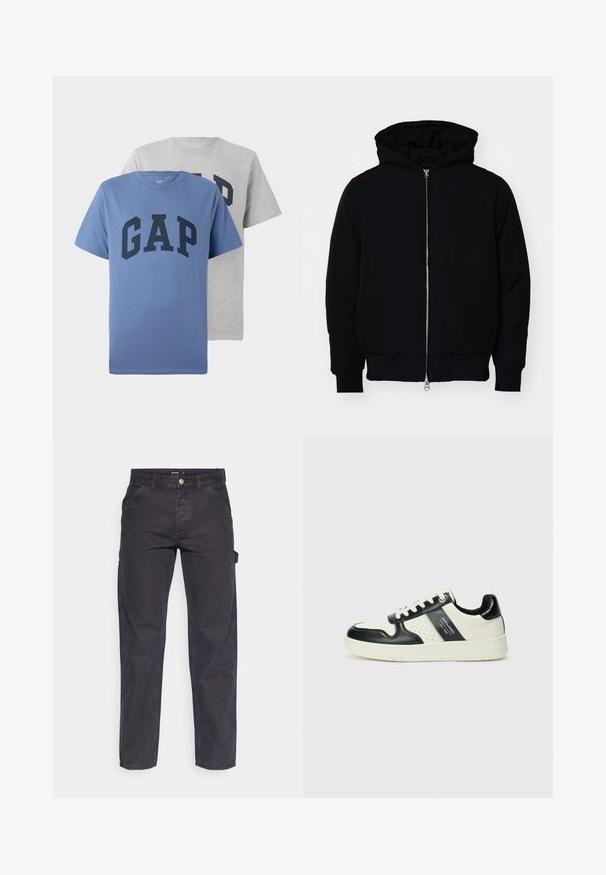 Mustaga kapuutsiga jakk, millel on esineed, kenguru tasku, soonikkoes, ja alläär, esitatud lihtsal valgel taustal.; Kaks lühikeste varrukatega ümarate kaelustega T-särki, üks sinine ja üks hall, mõlemad suure tumesinise "GAP" tekstiga rinnal.; Tumehallid cargo-püksid, mis on valmistatud vastupidavast kangast, sirge lõikega, viie tasku ja nupuga kinnitusega vööl.; Nahatud nahkkingad musta ja kreemi värviskeemiga, millel on perforeeritud aktsendid, pehme krae ja tekstureeritud tallad.