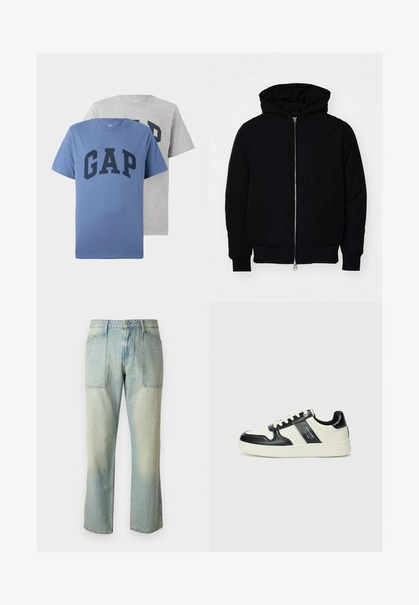 Schwarze Kapuzenjacke mit Frontreißverschluss, Kängurutasche, gerippten Bündchen und Saum, auf einem schlichten weißen Hintergrund präsentiert.; Zwei kurzärmelige Rundhals-T-Shirts, eines blau und eines grau, beide mit großem dunkelblauem "GAP"-Text auf der Brust.; Helle blaue Jeans mit geradem Bein, sichtbaren Nähten und zwei großen Fronttaschen. Der Stoff hat eine ausgewaschene Textur.; Leder-Sneaker in Schwarz- und Cremetönen, mit perforierten Akzenten, einem gepolsterten Kragen und einer strukturierten Laufsohle.