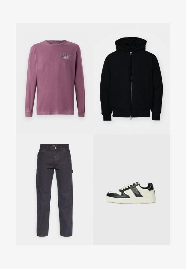 Črna kapuca jakna s sprednjim zadrgo, kenguru žepom, rebrastimi manšetami in hemom, razstavljena na enostavni beli ozadju.; Majica z dolgimi rokavi in ožjim izrezom za vrat, v pobledeli vijolični barvi iz bombaža, z barvitim logotipom "Star Wars" natisnjenim na levem prsnem delu.; Temno sivi cargo hlače iz trpežnega materiala, z ravnim krojem nogavic, petimi žepi in gumbom za zapiranje v pasu.; Usnjeni športni čevlji z črno in krem barvno shemo, ki vključujejo perforirane dodatke, podložen ovratnik in strukturirano podplat.