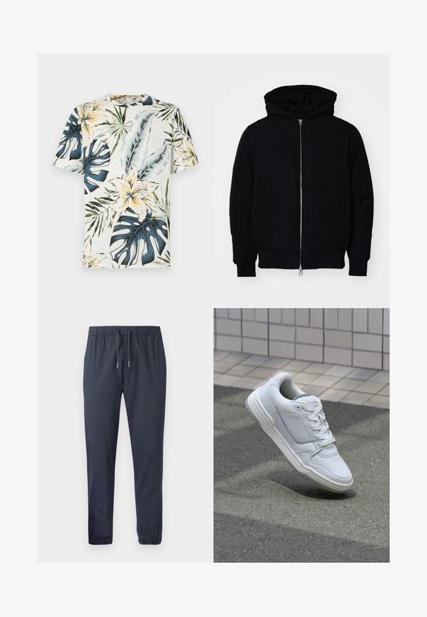 Juodas gobtuvėlis su priekiniu užtrauktuku, kengūros tipo kišene, lygiais rankogaliais ir apvadu, pateiktas ant vientiso balto fono.; Trumpas rankovės marškinėliai iš lengvos medžiagos, papuošti tropinių gėlių ir lapų raštu, žaliame, mėlyname ir geltoname fone, ant kremiško pagrindo.; Tamsiai mėlynos tapered tipo džinsinio audinio kelnės su elastingu juosmeniu, raišteliu ir elastinėmis rankovėmis, pasižyminčios lygiu, lengvu audiniu.; Baltos odinės sportinės bateliai su perforuotais šonais, tekstūruotais akcentais, plokščiomis raištelėmis ir kontrastingu pilku kulnu. Yra šiek tiek pakelti padas.