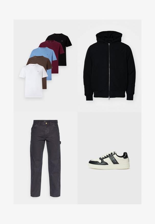 Čierna kapucňová bunda s predným zipsom, klokaními vreckami, rebrovanými manžetami a lemom, zobrazená na bielom pozadí.; Päť tričiek s krátkym rukávom v bielej, hnedej, modrej, červenej a čiernej farbe. Bavlnený materiál, okrúhle výstrihy a malé loga na každom z nich.; Tmavošedé cargo nohavice vyrobené z odolného materiálu, s rovnými nohavicami, piatimi vreckami a gombíkovým zapínaním v páse.; Kožené tenisky v čierno-krémovej farbe, s perforovanými akcentmi, polstrovaným golierom a štruktúrovanou podrážkou.