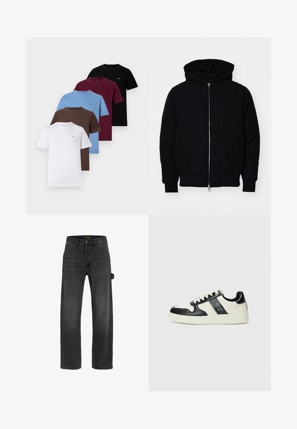 Giacca nera con cappuccio, dotata di zip frontale, tasca a marsupio, polsini e orlo a coste, esposta su uno sfondo bianco semplice.; Cinque t-shirt a maniche corte nei colori bianco, marrone, blu, bordeaux e nero. Materiale in cotone, colletto rotondo e piccole accentuazioni con logo su ciascuno.; Jeans in denim grigio scuro con taglio dritto, cinque tasche, chiusura con bottone metallico e dettaglio con cintura laterale.; Sneakers in pelle con una combinazione di colori nero e crema, dotati di dettagli perforati, collare imbottito e suola testurizzata.