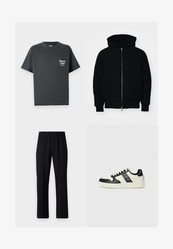 Mustat huppu-untuvatakki, jossa on vetoketju edessä, kenguru-tasku, ribatut hihansuut ja helma, esillä yksinkertaisella valkoisella taustalla.; Tumma harmaa puuvillapaita, jossa on pyöreä kaula-aukko, lyhyet hihat ja valkoinen kirjoituslogo vasemmassa rinnassa. Yksinkertainen, koristelematon muotoilu.; Mustat, joustavat vyötäröhousut suoralla lahkeella, joissa on sileä pinta ilman näkyviä kuvioita tai metalliosia.; Nahkakengät musta-kerma värimaailmassa, joissa on rei'itetyt yksityiskohdat, pehmustettu nilkkaosa ja teksturoitu pohja.