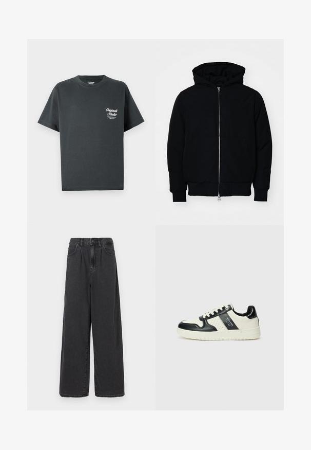 Black hooded jacket with front zipper, kangaroo pocket, ribbed cuffs, and hem, displayed on a plain white background.; Dark gray cotton t-shirt with a round neck, short sleeves, and a white script logo on the left chest area. Simple, unembellished design.; Wide-leg, high-waisted black denim pants with a front button and zipper closure, featuring side pockets and a smooth texture.; Leather sneakers with a black and cream color scheme, featuring perforated accents, a padded collar, and a textured outsole.