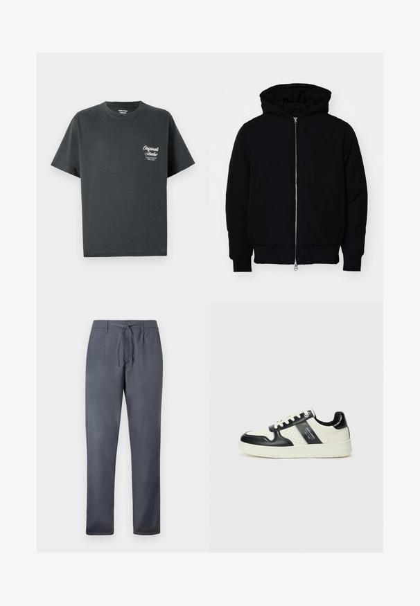 Juodas gobtuvėlis su priekiniu užtrauktuku, kengūros tipo kišene, lygiais rankogaliais ir apvadu, pateiktas ant vientiso balto fono.; Tamsiai pilka medvilninė marškinėliai su apykakle, trumpomis rankovėmis ir balta skripto logotipu kairėje krūtinės pusėje. Paprastas, nepuošnus dizainas.; Pilkos kelnės, pagamintos iš lygaus audinio, su raišteliu ir šoninėmis kišenėmis. Tiesaus kirpimo dizainas su švariu apdaila.; Odiniai sportbačiai juodos ir kreminės spalvų schemoje, su perforuotais akcentais, paminkštinta apykakle ir tekstūruotu padu.