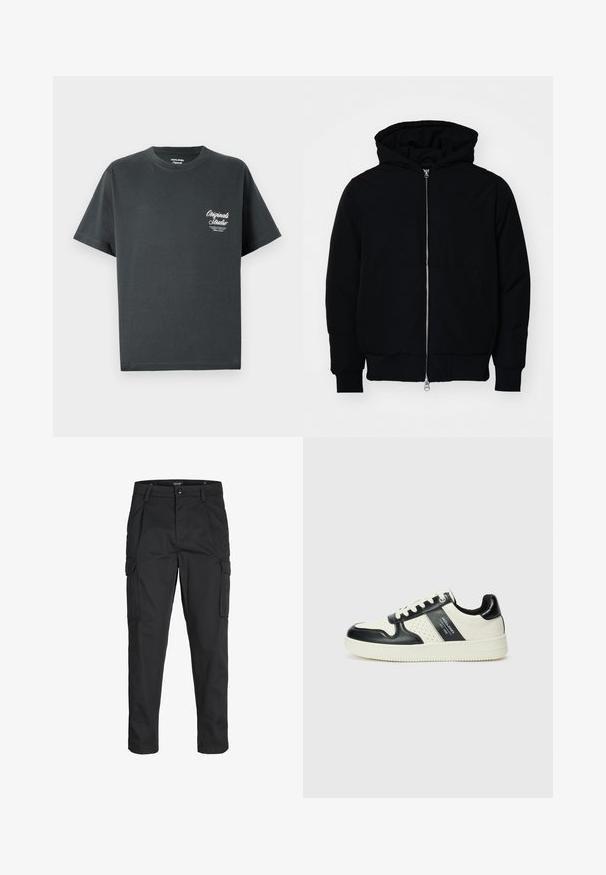 Black hooded jacket with front zipper, kangaroo pocket, ribbed cuffs, and hem, displayed on a plain white background.; Dark gray cotton t-shirt with a round neck, short sleeves, and a white script logo on the left chest area. Simple, unembellished design.; Black cargo pants made of sturdy fabric, featuring multiple pockets, a button closure, and a slim fit design with tapered legs.; Leather sneakers with a black and cream color scheme, featuring perforated accents, a padded collar, and a textured outsole.