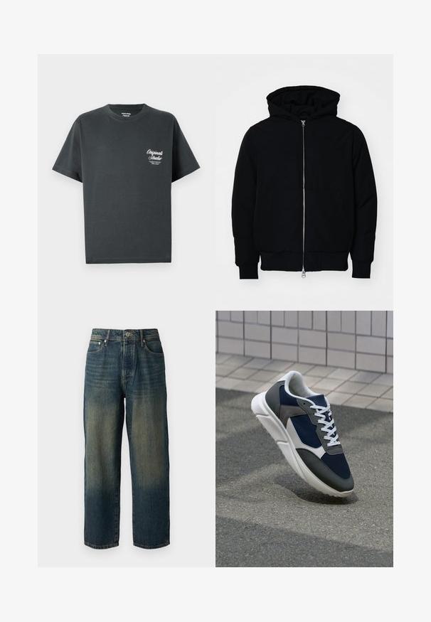 Črna kapuca jakna s sprednjim zadrgo, kenguru žepom, rebrastimi manšetami in hemom, razstavljena na enostavni beli ozadju.; Temno siva bombažna majica z okroglim izrezom, kratkimi rokavi in belim logotipom v pisavi na levem prsnem delu. Preprost, neokrasen dizajn.; modri traper hlače s ravnim krojem, ki imajo zbledel videz z svetlejšimi odtenki proti robu, pet žepov in gumbasto zapiranje.; Superge z zgornjim delom iz mrežaste tkanine v mornarsko modri barvi, sivi usnjeni poudarki, belo gumijasto podplato in ravnimi belimi vezalkami, zasnovane za udobje in zračnost.
