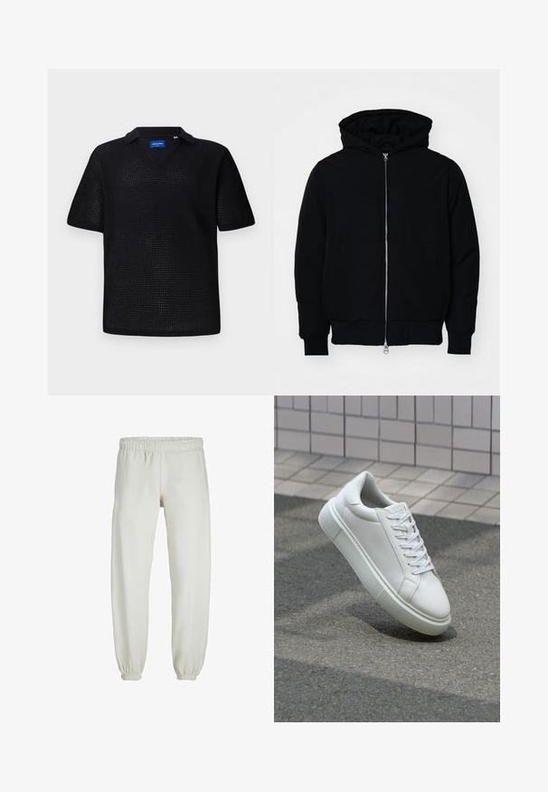 Melna kapucēta jaka ar priekšējo rāvējslēdzēju, kenguru kabatu, ribinātām aprocēm un apakšmalu, parādīta uz vienkārša balta fona.; Melnas īsām piedurknēm polo krekls, izgatavots no teksturēta sieta auduma, ar V veida kakla izgriezumu un apkakli. Dizains ir brīvs un elpojošs.; Baltas treniņbikses, izgatavotas no mīkstas auduma, ar elastīgu jostu un piedurknēm, gluda tekstūra un brīva piegriezuma dizains.; Baltas ādas sporta apavi ar gludu virsmu, apaļu pirkstu un plakanām baltām šņorēm. Iezīmējas ar strukturētu gumijas zoli un minimālisma dizaina elementiem.