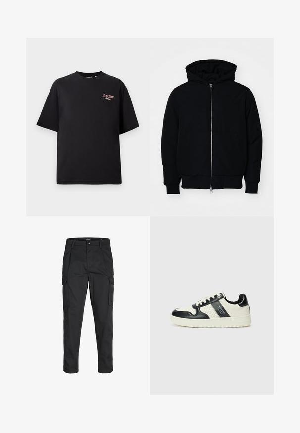Mustaga kapuutsiga jakk, millel on esineed, kenguru tasku, soonikkoes, ja alläär, esitatud lihtsal valgel taustal.; Must must kaelusega t-särk, millel on lõdvestatud lõige, lühikesed varrukad ja punane tikandiga logo vasakul rinnus. Sile tekstuur, ümmargune kaeluse disain.; Mustad mustapõlvik, mis on valmistatud tugeva koe kasutades, sisaldab mitmeid taskuid, nupule kinnitatav sulgemine ja kitsenev disain.; Nahatud nahkkingad musta ja kreemi värviskeemiga, millel on perforeeritud aktsendid, pehme krae ja tekstureeritud tallad.