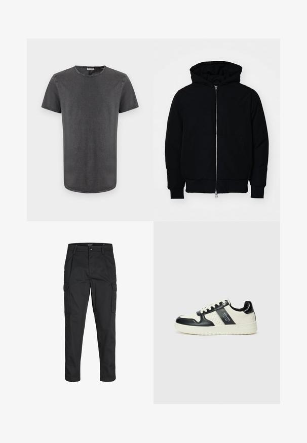 Zwarte hoodie met rits aan de voorkant, kangoeroe-pocket, geribbelde manchetten en zoom, weergegeven op een effen witte achtergrond.; Grijze T-shirt met korte mouwen en een ronde hals, gemaakt van zacht materiaal, met een licht gebogen zoom en zichtbare stikseldetails.; Zwarte cargobroek van stevig stof, met meerdere zakken, een knoopsluiting en een slim fit ontwerp met taps toelopende benen.; Leren sneakers met een zwart en crèmekleurig kleurenschema, voorzien van geperforeerde accenten, een gevoerde kraag en een gestructureerde buitenzool.