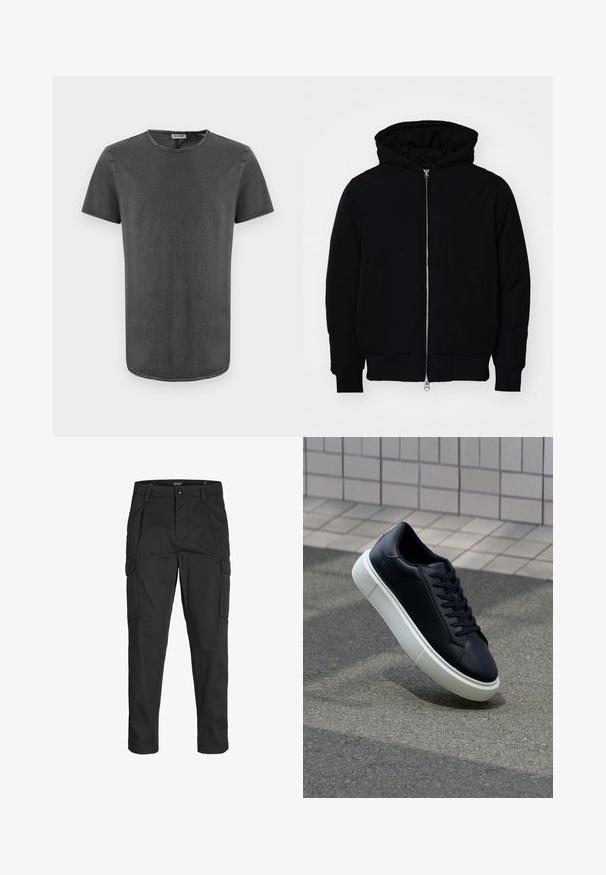 Svart hettejakke med frontglidelås, kengurulomme, ribbestrikket mansjetter og søm, vist på en ensfarget hvit bakgrunn.; Grå t-skjorte med kort arm og rund hals, laget av myk stoff, med en svakt buet hem og synlige sømdetaljer.; Sorte cargo bukser laget av slitesterkt stoff, med flere lommer, knappelukking og en slim fit-design med avsmalnede ben.; Sorte skinnsneakers med rund tå og hvit gummisåle. Har flate lisser og minimal søm på overdelen. Strukturert såle for grep.