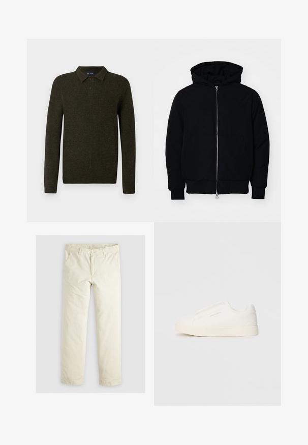 Čierna kapucňová bunda s predným zipsom, klokaními vreckami, rebrovanými manžetami a lemom, zobrazená na bielom pozadí.; Zelený dlhý rukáv polo sveter s textúrovaným povrchom, s dvoma gombíkmi a rebrovanými manžetami. Jednoduchý, klasický dizajn vhodný na neformálne nosenie.; Svetlo béžové voľné nohavice s troma vreckami, pútky na opasok a rovnými nohavicami. Vyrobené z mäkkej bavlnenej zmesi.; Biele slip-on tenisky s textúrovaným povrchom, hrubou podrážkou a minimalistickým dizajnom. Obsahuje logo značky na boku.