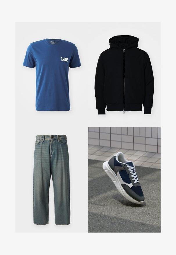 Črna kapuca jakna s sprednjim zadrgo, kenguru žepom, rebrastimi manšetami in hemom, razstavljena na enostavni beli ozadju.; Modra bombažna majica s kratkimi rokavi in okroglo oblikovano ovratnikom, ki ima na levem prsnem predelu belo vezeno oznako "Lee". Gladka tekstura.; Svetlomoderne kavbojke z ohlapnim krojem, srednjim pasom in ravnimi nogami. Imajo pet žepov, zanke za pas in zapiranje na gumb.; Superge z zgornjim delom iz mrežaste tkanine v mornarsko modri barvi, sivi usnjeni poudarki, belo gumijasto podplato in ravnimi belimi vezalkami, zasnovane za udobje in zračnost.