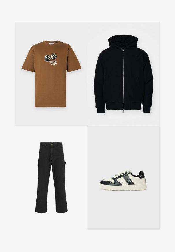Melna kapucēta jaka ar priekšējo rāvējslēdzēju, kenguru kabatu, ribinātām aprocēm un apakšmalu, parādīta uz vienkārša balta fona.; Brūna kokvilnas t-kreklu ar brīvu piegriezumu, ar divu kauliņu attēlu un tekstu "Feelin' Lucky" baltajā krāsā zem tiem.; Melnas cargo bikses no kokvilnas maisījuma auduma. Iekļauj plašas kājas, priekšējās slīpās kabatas un sānu kabatu ar cilpu aksesuāriem.; Ādas sporta apavi ar melnbaltu krāsu shēmu, ar perforētiem akcentiem, mīkstinātu apkakli un teksturētu zoli.