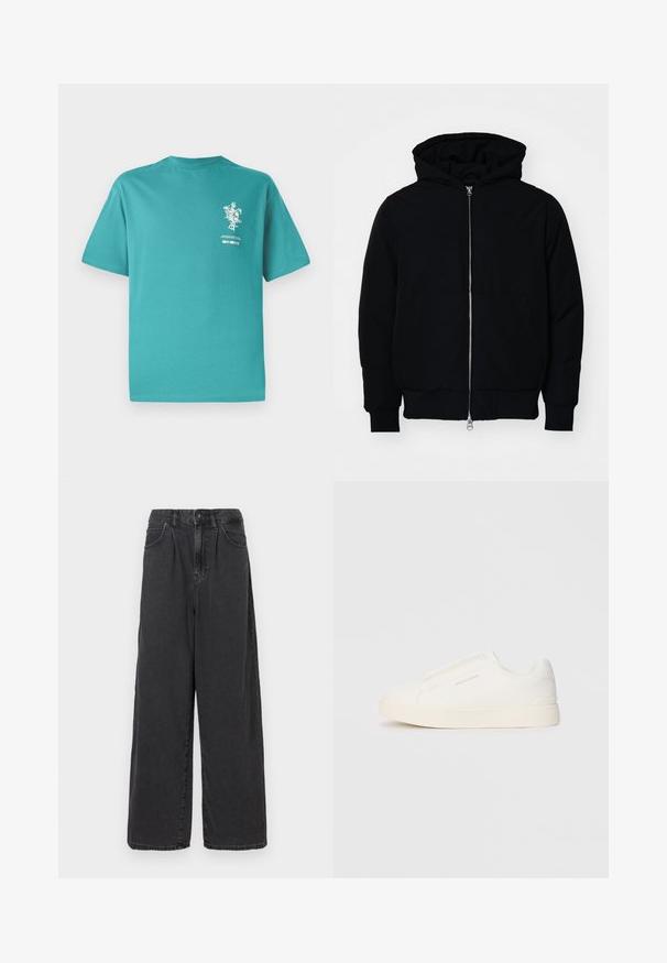 Juodas gobtuvėlis su priekiniu užtrauktuku, kengūros tipo kišene, lygiais rankogaliais ir apvadu, pateiktas ant vientiso balto fono.; Turkio blizgantis medvilnės t-shirt'as su trumpomis rankovėmis, apvaliu iškirpimu ir priekinio grafikos atspaudu su gėlėmis ir tekstu. Lygus paviršius, laisvas kirpimas.; Plačios kojos, aukšto juosmens juodos džinsinės kelnės su priekiniais mygtukais ir užtrauktuku, turinčios šonines kišenes ir lygią tekstūrą.; Baltos slip-on sportbačiai su tekstūruota paviršiumi, storesniu padu ir minimalistišku dizainu. Šone matosi prekės ženklo logotipas.