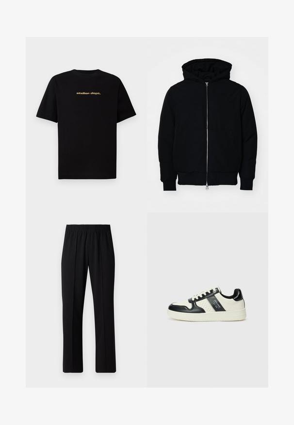 Black hooded jacket with front zipper, kangaroo pocket, ribbed cuffs, and hem, displayed on a plain white background.; Black cotton t-shirt with short sleeves featuring "atelier dept." logo in gold on the front. Classic crew neck design, relaxed fit.; Black, elastic-waist trousers with a straight-leg design, featuring a smooth texture and no visible patterns or hardware.; Leather sneakers with a black and cream color scheme, featuring perforated accents, a padded collar, and a textured outsole.