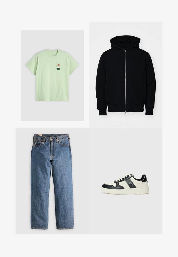 Black hooded jacket with front zipper, kangaroo pocket, ribbed cuffs, and hem, displayed on a plain white background.; Light green cotton t-shirt, short sleeves, crew neck. Features a sun graphic in light orange and a green Levi's logo on the left chest.; Blue denim jeans with a straight cut, featuring a high waist, copper rivets, and orange stitching. Front and back pockets included.; Leather sneakers with a black and cream color scheme, featuring perforated accents, a padded collar, and a textured outsole.