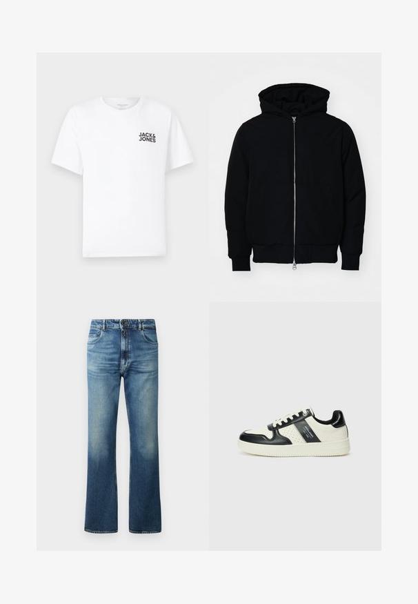 Chaqueta negra con capucha, cierre frontal, bolsillo tipo canguro, y puños y dobladillo acanalados, exhibida sobre un fondo blanco liso.; Camiseta de algodón blanca, de manga corta, cuello redondo. Presenta el logo de texto en negro "JACK & JONES" en el área del pecho izquierdo. Diseño simple y liso.; Vaqueros de mezclilla azul con un diseño de pierna acampanada, que cuentan con un lavado desgastado, cinco bolsillos y un cierre de botón.; Zapatillas de cuero con un esquema de colores negro y crema, que cuentan con acentos perforados, un collar acolchado y una suela texturizada.