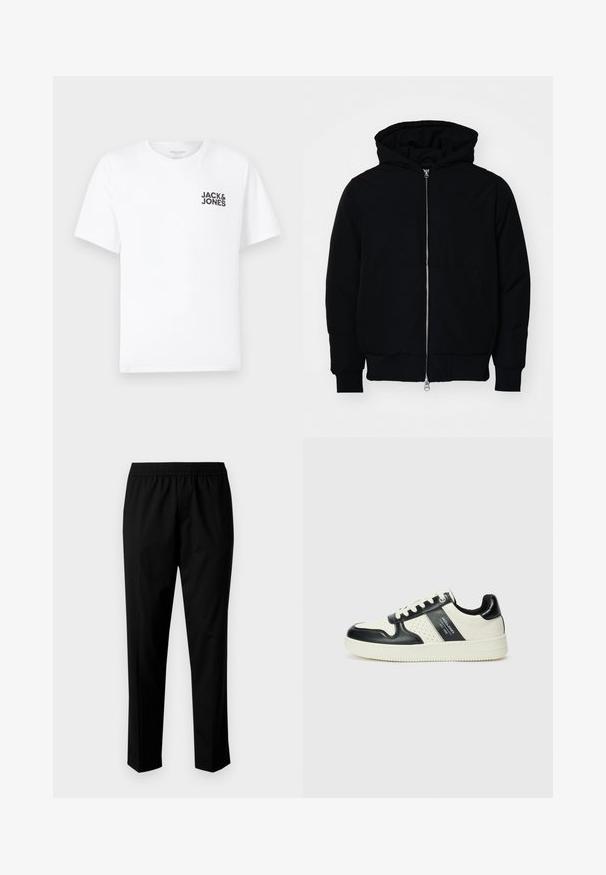 Črna kapuca jakna s sprednjim zadrgo, kenguru žepom, rebrastimi manšetami in hemom, razstavljena na enostavni beli ozadju.; Bela bombažna majica, kratki rokavi, okrogla izreza. Na levi strani prsnega dela se nahaja črn logotip "JACK & JONES". Preprost, enostaven dizajn.; Črne hlače z elastičnim pasom, s ravnim krojem. Tkanina se zdi gladka z mat teksturo, brez vidnih vzorcev.; Usnjeni športni čevlji z črno in krem barvno shemo, ki vključujejo perforirane dodatke, podložen ovratnik in strukturirano podplat.