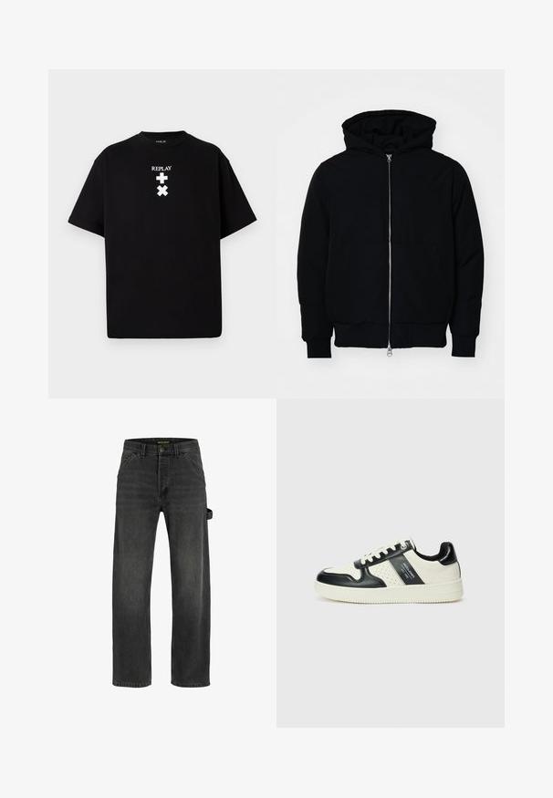 Čierna kapucňová bunda s predným zipsom, klokaními vreckami, rebrovanými manžetami a lemom, zobrazená na bielom pozadí.; Čierne tričko s krátkym rukávom vyrobené z bavlny, s okrúhlym výstrihom a bielym potlačeným textom a symbolmi na prednej strane. Jednoduchý dizajn, žiadne vzory.; Tmavo šedé denimové džínsy s rovný strihom, piatimi vreckami, kovovým zapínaním a detailom postranného popruhu.; Kožené tenisky v čierno-krémovej farbe, s perforovanými akcentmi, polstrovaným golierom a štruktúrovanou podrážkou.