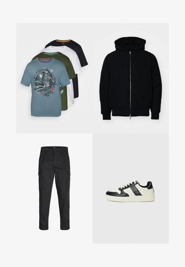 Crna kapuška jakna s prednjim zatvaračem, kenguru džepom, rebrastim manžetama i rubom, prikazana na običnoj bijeloj pozadini.; Set od četiri majice u plavoj, zelenoj, bijeloj i crnoj boji. Plava majica ima grafiku kostura s natpisom i ružama. Pamuk.; Crne cargo hlače izrađene od čvrstog materijala, s brojnim džepovima, kopčanjem na gumb i dizajnom koji pomaže da se prilagode tijelu sa suženim nogavicama.; Kožne tenisice s crno-bijelom paletom boja, koje imaju perforirane akcentne detalje, podstavljeni ovratnik i teksturiranu potplat.