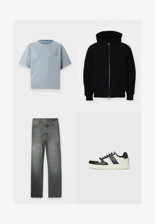 Mustaga kapuutsiga jakk, millel on esineed, kenguru tasku, soonikkoes, ja alläär, esitatud lihtsal valgel taustal.; Röstripuline T-särk helesinises ja valges, lühikeste varrukatega, ümmarguse kaelusega, pehmest puuvillast materjalist, millel on lõdva istuvuse omadus.; Jack & Jones JJIALEX JJCOOPER - Baggy fit teksad - black denim; Nahatud nahkkingad musta ja kreemi värviskeemiga, millel on perforeeritud aktsendid, pehme krae ja tekstureeritud tallad.
