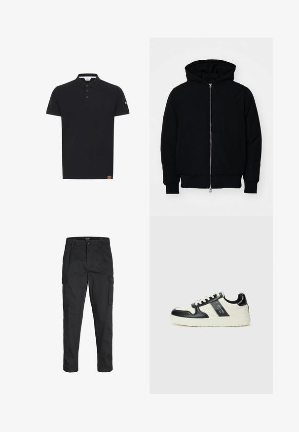 Juodas gobtuvėlis su priekiniu užtrauktuku, kengūros tipo kišene, lygiais rankogaliais ir apvadu, pateiktas ant vientiso balto fono.; Juodas polo marškinėliai vientisos spalvos, su klasikinio tipo apykakle, trimis ruda spalva mygtukais ir tekstūruotu emblemų pleistru ant rankovės.; Juodi krovinių tipo džinsai, pagaminti iš tvirto audinio, su keliais kišeniais, mygtuko uždarymu ir siauru, prigludusiu dizainu su siaurėjančiomis kojomis.; Odiniai sportbačiai juodos ir kreminės spalvų schemoje, su perforuotais akcentais, paminkštinta apykakle ir tekstūruotu padu.