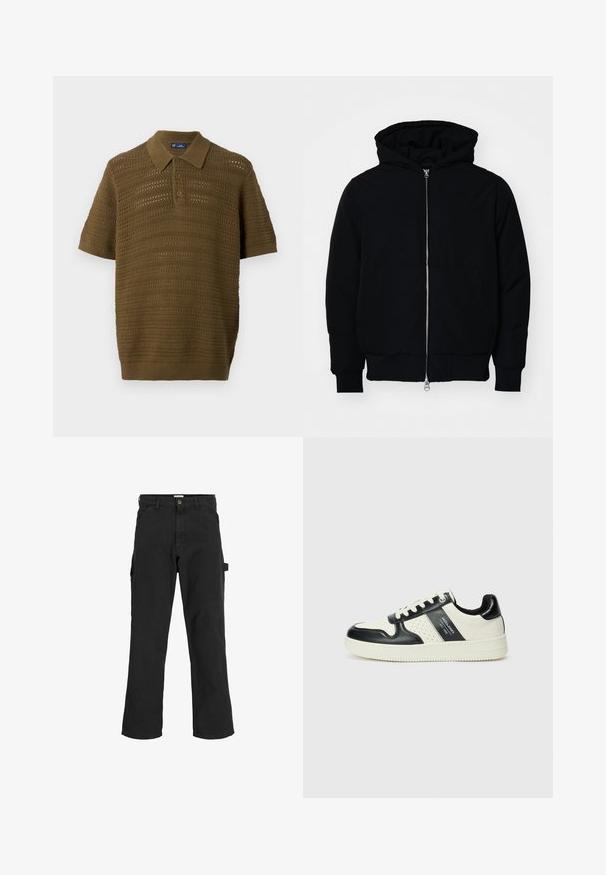 Czarna kurtka z kapturem, z suwakiem z przodu, kieszenią kangurką, ściągaczami przy mankietach i dolnym brzegu, prezentowana na jednolitym białym tle.; Koszulka polo z krótkim rękawem w oliwkowym kolorze, z teksturowanym, otwartym splotem i poziomymi paskami, oraz prążkowanym kołnierzykiem i dołem.; Czarne spodnie cargo z mieszanki bawełny. Posiadają szerokie nogawki, ukośne kieszenie z przodu oraz kieszeń boczną z pętlą na akcesoria.; Skórzane sneakersy w czarno-kremowym schemacie kolorystycznym, z perforowanymi akcentami, wyściełanym kołnierzem i teksturowaną podeszwą.