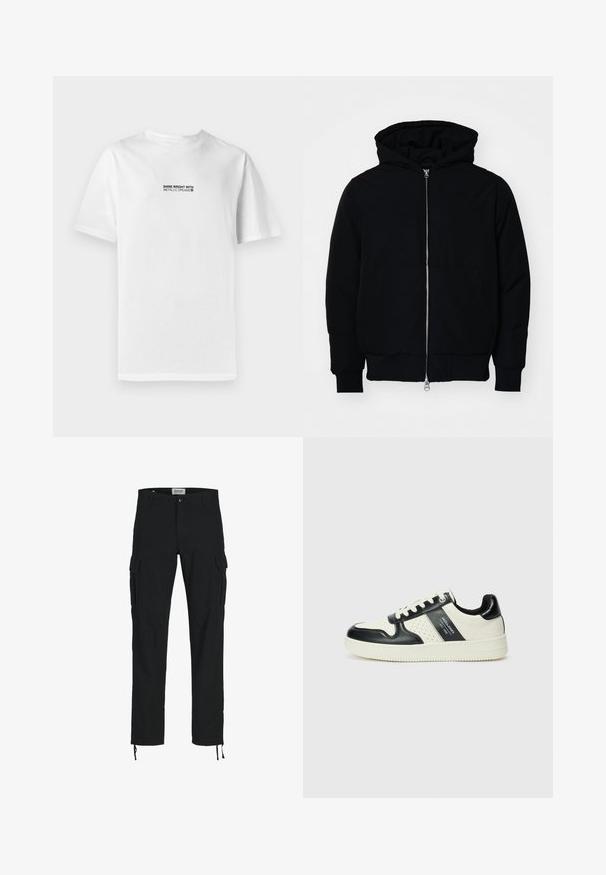 Black hooded jacket with front zipper, kangaroo pocket, ribbed cuffs, and hem, displayed on a plain white background.; White cotton T-shirt with short sleeves, featuring a black graphic text: "SHINE BRIGHT WITH METALLIC DREAMS" on the front center.; Black cargo pants with a straight cut, featuring side pockets, a button closure, and elastic drawstrings at the ankles. Made from durable fabric.; Leather sneakers with a black and cream color scheme, featuring perforated accents, a padded collar, and a textured outsole.