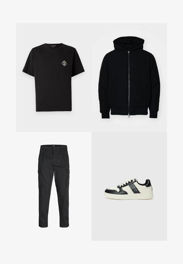Černá kapucňová bunda s předním zipem, klokaní kapsou, vroubkovanými manžetami a spodním lemem, vystavená na čistém bílém pozadí.; Černé bavlněné tričko s kulatým výstřihem a krátkým rukávem. Na hrudi má malý, jemný design oka se slunečními paprsky v béžové barvě.; Černé cargo kalhoty vyrobené z odolné tkaniny, s mnoha kapsami, knoflíkovým zapínáním a slim fit střihem se zúženými nohavicemi.; Kožené tenisky s černobílou barevnou kombinací, které mají perforované detaily, polstrovaný límec a texturovanou podrážku.