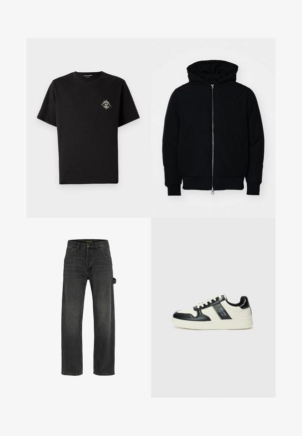 Sort hættejakke med frontlynlås, kængurulomme, ribbede manchetter og kant, præsenteret på en ensfarvet hvid baggrund.; Sort bomulds T-shirt med rund halsudskæring og korte ærmer. Den har et lille, detaljeret øje-design med solstråler i beige på brystet.; Mørk grå denim jeans med lige pasform, fem lommer, metalknaplukning og detaljer med sideliv.; Lædersneakers i sort og creme farveskema, med perforerede detaljer, en polstret krave og en struktureret ydersål.