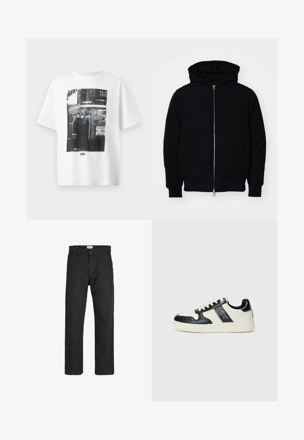 Černá kapucňová bunda s předním zipem, klokaní kapsou, vroubkovanými manžetami a spodním lemem, vystavená na čistém bílém pozadí.; Bílý bavlněný tričko s černobílým potiskem fotografie čtyř postav v autobusu, doplněné textem a grafikou týkající se divadla a autobusové linky.; Černé kalhoty vyrobené z odolné tkaniny, s rovnými nohavicemi, šitými akcenty a dvěma předními kapsami pro praktičnost.; Kožené tenisky s černobílou barevnou kombinací, které mají perforované detaily, polstrovaný límec a texturovanou podrážku.