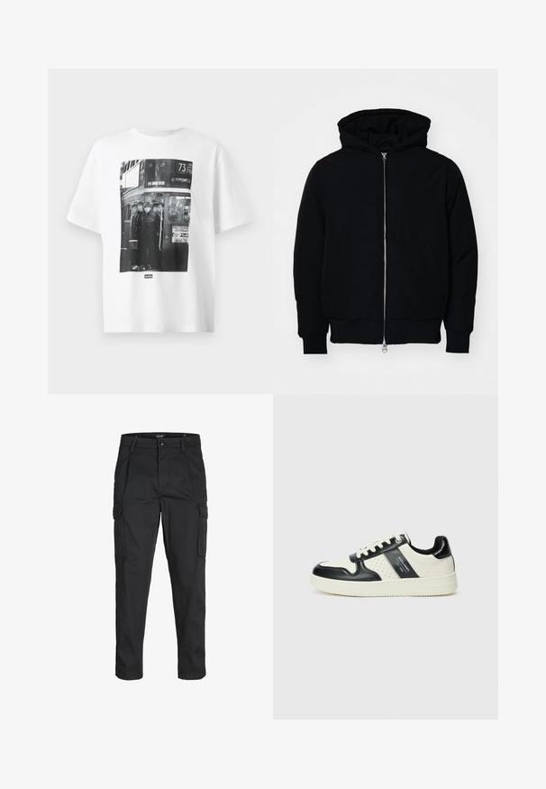 Schwarze Kapuzenjacke mit Frontreißverschluss, Kängurutasche, gerippten Bündchen und Saum, auf einem schlichten weißen Hintergrund präsentiert.; Weißes Baumwoll-T-Shirt mit einem schwarz-weißen Foto-Druck von vier Figuren in einem Bus, ergänzt durch Texte und Grafiken, die mit einem Theater und einer Buslinie verbunden sind.; Schwarze Cargo-Hose aus robustem Material, mit mehreren Taschen, einem Knopfverschluss und einem Slim-Fit-Design mit schmal zulaufenden Beinen.; Leder-Sneaker in Schwarz- und Cremetönen, mit perforierten Akzenten, einem gepolsterten Kragen und einer strukturierten Laufsohle.