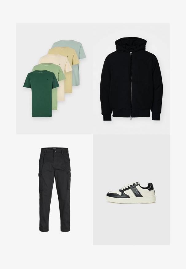 Schwarze Kapuzenjacke mit Frontreißverschluss, Kängurutasche, gerippten Bündchen und Saum, auf einem schlichten weißen Hintergrund präsentiert.; Fünf T-Shirts, die in einem Farbverlauf von grün bis hellbeige angeordnet sind. Sie bestehen aus Baumwolle, haben runde Hälse und kurze Ärmel. Jedes hat ein kleines Logo.; Schwarze Cargo-Hose aus robustem Material, mit mehreren Taschen, einem Knopfverschluss und einem Slim-Fit-Design mit schmal zulaufenden Beinen.; Leder-Sneaker in Schwarz- und Cremetönen, mit perforierten Akzenten, einem gepolsterten Kragen und einer strukturierten Laufsohle.