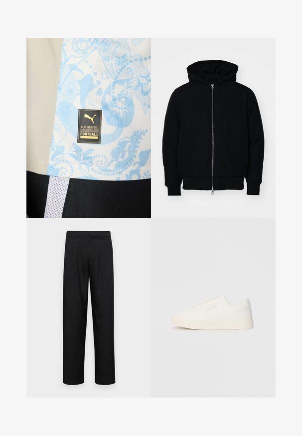 Svart hettejakke med frontglidelås, kengurulomme, ribbestrikket mansjetter og søm, vist på en ensfarget hvit bakgrunn.; Lys grå sportsjersey med et blått paisleymønster, med en svart etikett med gulltekst som leser "AUTENTISK LISENSERT FOTBALL."; Sorte bukser laget av glatt stoff, med rette ben, to frontfoldninger og standard liv med beltehemper.; Hvite slip-on joggesko med teksturert overflate, tykk såle og minimalistisk design. Har merkevarelogo på siden.