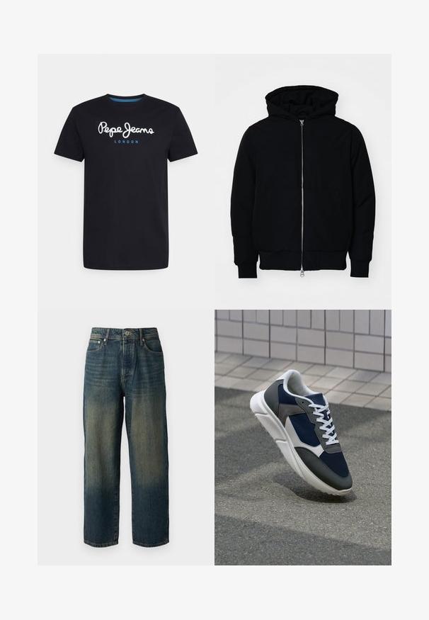 Černá kapucňová bunda s předním zipem, klokaní kapsou, vroubkovanými manžetami a spodním lemem, vystavená na čistém bílém pozadí.; Černé bavlněné tričko s bílým písmem "Pepe Jeans" a modrým akcentem, kulatým výstřihem a krátkým rukávem. Jednoduchý, jednobarevný design.; Modré džínové kalhoty s rovný střih, s vybledlým designem a světlejšími odstíny směrem k lemu, pěti kapsami a knoflíkovým zapínáním.; Tenisky s horní částí z námornicky modré síťoviny, šedými semišovými akcenty, bílou gumovou podrážkou a plochými bílými tkaničkami, navržené pro pohodlí a prodyšnost.