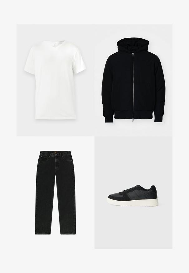 Giacca nera con cappuccio, dotata di zip frontale, tasca a marsupio, polsini e orlo a coste, esposta su uno sfondo bianco semplice.; T-shirt bianco in cotone a maniche corte con scollatura a V, caratterizzato da una vestibilità comoda e una consistenza liscia e morbida. Nessun motivo o accento presente.; Jeans in denim nero a gamba dritta con un classico design a cinque tasche, zip frontale e una leggera texture scolorita. Cuciture resistenti e un'etichetta con logo.; Sneaker nera bassa con pelle texture e pannelli in suede, suola in gomma bianca e lacci neri su uno sfondo chiaro e semplice.