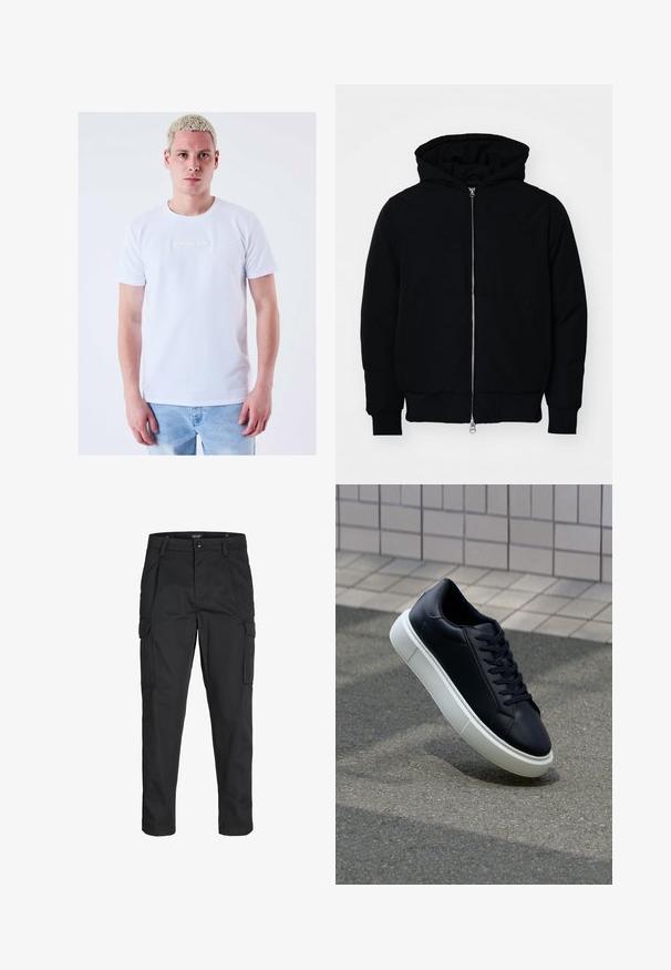 Chaqueta negra con capucha, cierre frontal, bolsillo tipo canguro, y puños y dobladillo acanalados, exhibida sobre un fondo blanco liso.; Camiseta de algodón blanca con un cuello redondo y mangas cortas, con un acento texturizado del logo PXP en el pecho. Jeans de mezclilla azul claro.; Pantalones cargo negros hechos de tela resistente, que cuentan con múltiples bolsillos, un cierre de botón y un diseño de corte slim con piernas ajustadas.; Zapatilla de cuero negro con punta redonda y suela de goma blanca. Presenta cordones planos y un mínimo de costuras en la parte superior. Suela texturizada para proporcionar agarre.