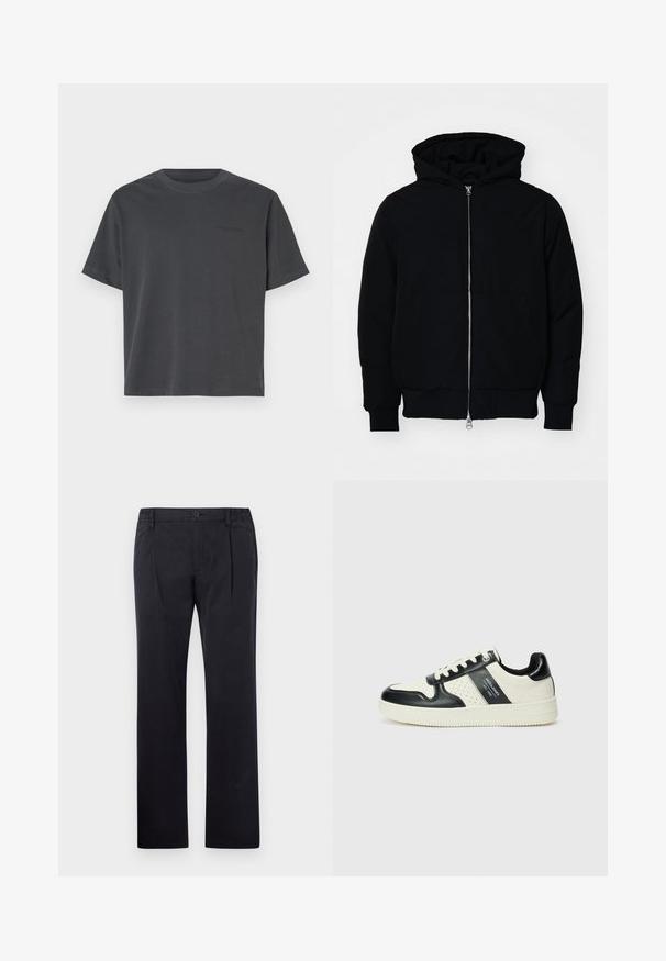 Sort hættejakke med frontlynlås, kængurulomme, ribbede manchetter og kant, præsenteret på en ensfarvet hvid baggrund.; Mørk grå bomulds T-shirt med rund halsudskæring, korte ærmer, lige kant og diskret tekstdetalje på brystet.; Sorte bomuldsbukser med lige ben design, der har knaplukning og elastisk talje for justerbar pasform. Glat tekstur, uden mønstre.; Lædersneakers i sort og creme farveskema, med perforerede detaljer, en polstret krave og en struktureret ydersål.