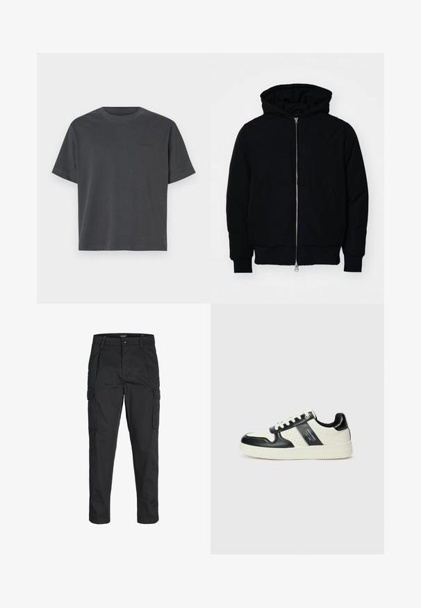 Svart hettejakke med frontglidelås, kengurulomme, ribbestrikket mansjetter og søm, vist på en ensfarget hvit bakgrunn.; Mørkegrå bomulls-T-skjorte med rund hals, korte ermer, rett nederkant og subtil tekstdetalj på brystet.; Sorte cargo bukser laget av slitesterkt stoff, med flere lommer, knappelukking og en slim fit-design med avsmalnede ben.; Lædersneakers med sort og creme farveskema, der har perforerede detaljer, en polstret krave og en struktureret ydersål.