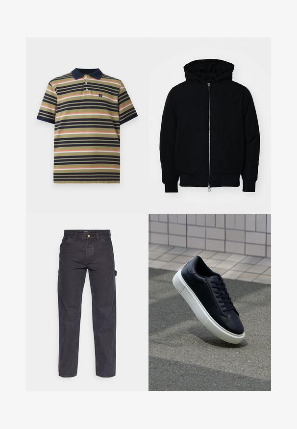 Mustaga kapuutsiga jakk, millel on esineed, kenguru tasku, soonikkoes, ja alläär, esitatud lihtsal valgel taustal.; Lühikeste varrukatega polo särk tumesinise kraega, oliivrohelise alusega ja horisontaalsete triipudega tumedasinisest, korallist ja helesinisest, millel on väike rindlogo.; Tumehallid cargo-püksid, mis on valmistatud vastupidavast kangast, sirge lõikega, viie tasku ja nupuga kinnitusega vööl.; Mustast nahast tennisetoss, millel on ümar nina ja valge kummist tall. Omab siredaid paelu ja minimaalset õmblemist ülemises osas. Tekstuuriga tald, mis tagab haakuvuse.