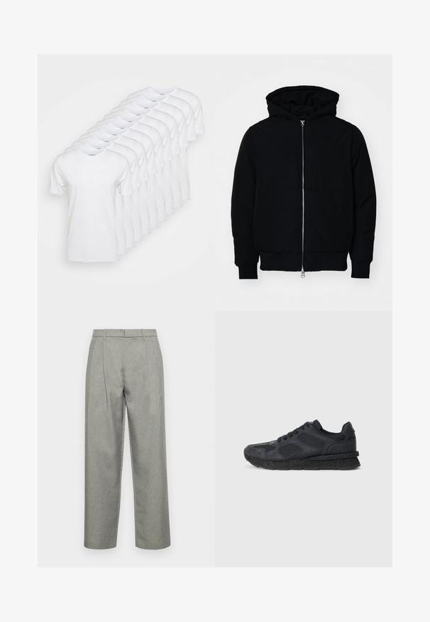 Juodas gobtuvėlis su priekiniu užtrauktuku, kengūros tipo kišene, lygiais rankogaliais ir apvadu, pateiktas ant vientiso balto fono.; Baltos marškinėliai, sukrauti į eilę, su apvaliais kaklo iškirpimais ir trumpomis rankovėmis. Pagaminti iš medvilnės, su lygia, paprasta tekstūra.; Pilkos pritaikytos kelnės, pagamintos iš tekstūruoto audinio, su tiesiais keliamos dizainu, priekinėmis klostėmis ir standartiniu juosmeniu su diržo kilpomis.; Replay ARTHUR ATOM - Sportbačiai - black