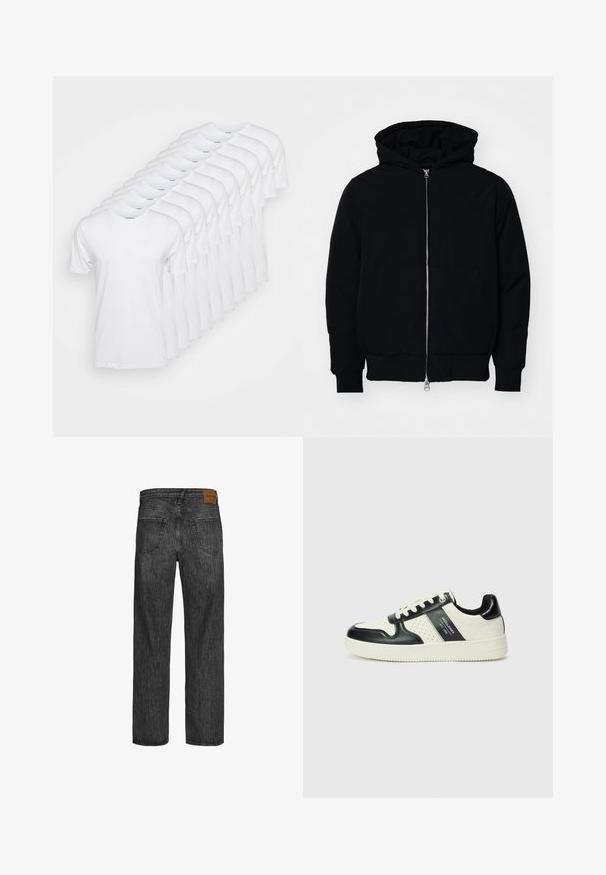 Black hooded jacket with front zipper, kangaroo pocket, ribbed cuffs, and hem, displayed on a plain white background.; White t-shirts arranged in a row, featuring crew necklines and short sleeves. Made from cotton, with a smooth, plain texture.; Black denim jeans with a straight leg design, five-pocket style, and a brown leather patch at the waistband. Textured fabric with stitching details.; Leather sneakers with a black and cream color scheme, featuring perforated accents, a padded collar, and a textured outsole.