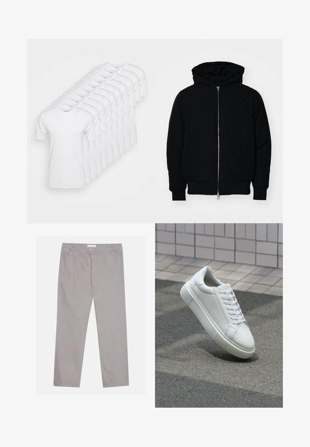 Črna kapuca jakna s sprednjim zadrgo, kenguru žepom, rebrastimi manšetami in hemom, razstavljena na enostavni beli ozadju.; Bela majica s kratkimi rokavi so razporejene v vrsto, Nudijo klasičen kroj in udobno ovratnico. Narejene so iz bombaža z gladko, enotno teksturo.; Svjetlosive pamučne hlače s elastičnom pogačicom, dva bočna džepa, ravni kroj nogavica i glatka tekstura. Jednostavni detalj šivanja.; Bela usnjena teniska obutev z gladko površino, okroglo konico in ravnimi belimi vezalkami. Ima teksturiran gumijast podplat in minimalne oblikovalske elemente.