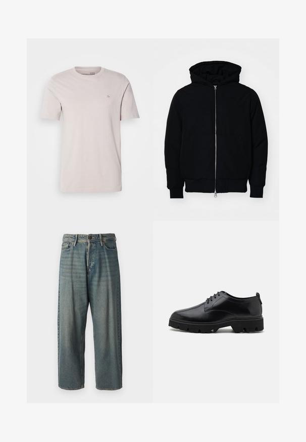 Sort hættejakke med frontlynlås, kængurulomme, ribbede manchetter og kant, præsenteret på en ensfarvet hvid baggrund.; Lysbeige bomulds T-shirt med rund halsudskæring, korte ærmer og et lille logo på brystet. Glat tekstur, afslappet pasform.; Lyseblå denim jeans med løs pasform, mellemhøj talje og lige ben. Har fem lommer, bæltestropper og en knappelukning.; Sorte lædersko med en glat finish, snørebåndsdesign og tyk, robust gummisål med dybe riller til greb.